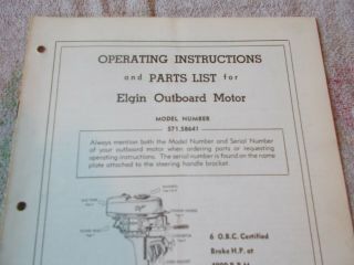 SEARS ELGIN OUTBOARD MOTOR OPERATING INSTRUCTIONS,  PART LIST 571.  58641 2