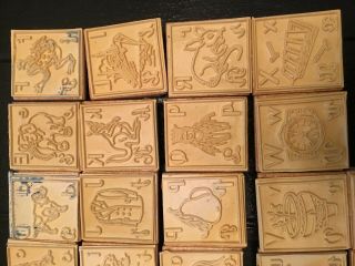 Cute Vintage Set Of Wooden Base Rubber Stamps Alphabet With Pictures For Crafts