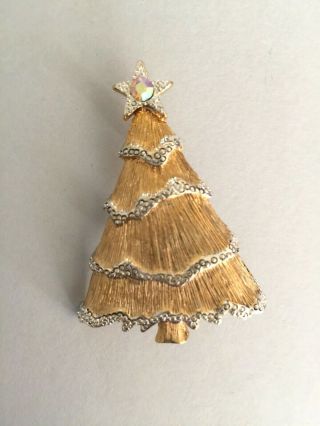 Vtg Lc Liz Claiborne Brushed Gold Tone Christmas Tree Rhinestone Star Brooch