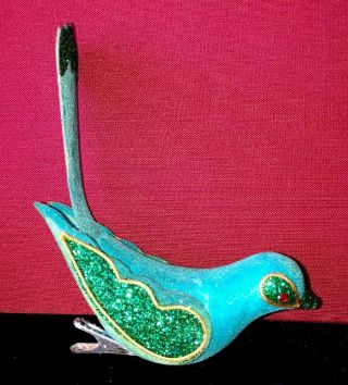 Vintage Blue Flocked Christmas Bird Clip On Ornament Japan