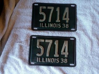 Pair 2 Vintage Matching Illinois 1938 Shorty License Plates Ford Chevy Dodge Car