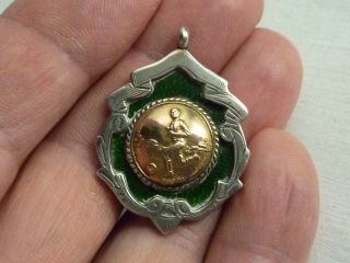 Vintage Solid Silver Gold & Green Guilloche Enamel Football Sports Medal Hm 1925