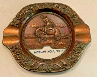 Vintage Jackson Hole Wyoming Souvenir Copper Ashtray Cowboy Horse Travel Trip