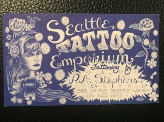 Vintage Business Card Seattle Tattoo Emporium Old Flash P.  A.  Stephens