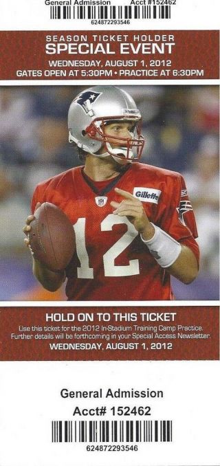 2012 Nfl England Patriots Full Football Ticket - Tom Brady