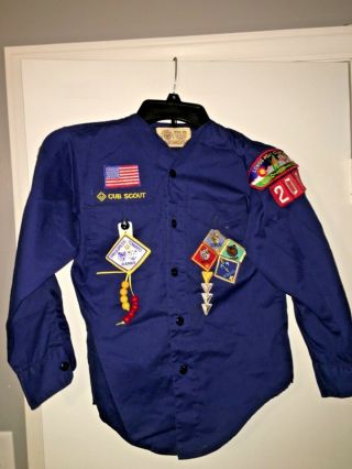 Vtg Boy Scouts Official Cub Scout Ls Uniform Shirt W Patches Webelos,  Wolf,  Bear
