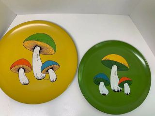 2 Vintage 15” 13” Lime Green Yellow Mushroom Tray Michel - Japan Melamine 1970s