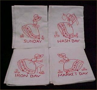 Set Of 4 Vintage Cotton Tea Towel Flour Sack Sunbonnet Girl Sue 40s Embroidered