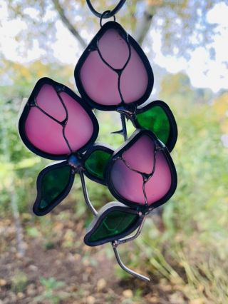 Vintage Leaded Tiffany Stained Glass Sun Catcher Flowers Window Hanging