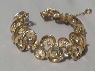 Vintage Signed Coro Rhinestone Bracelet Gold Tone Safety Chain