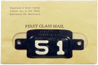 1951 Maryland License Plate Sample Date Tab (gibby Nos)