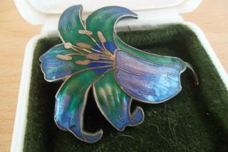 Vintage Costume Jewelry Brooch Pin Blue Art Deco Style Iris Enamel Silver Tone