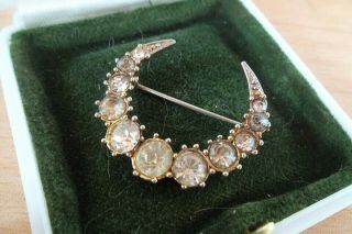 Vintage Costume Jewelry Brooch Pin Old Crescent Moon Sparkly White Tiny Art Deco