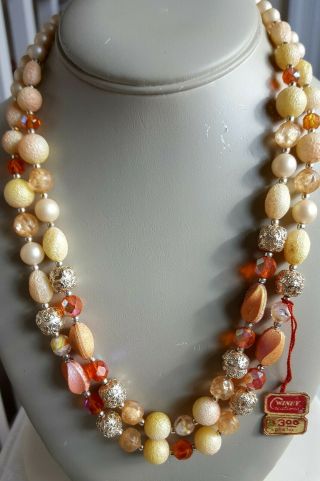 Vintage Signed Japan 2 Strand Art Glass & Faux Pearls Necklace