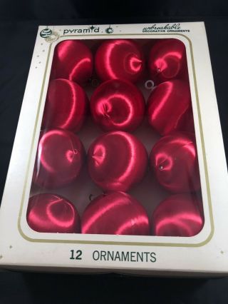 12 Vintage 2.  5 Red Satin Sheen Balls Unbreakable Christmas Ornaments Pyramid Usa