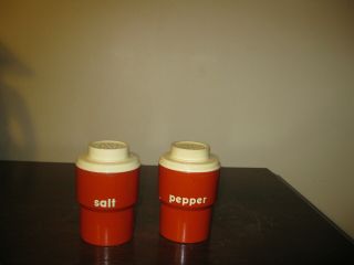 Vintage Tupperware Plastic Salt & Pepper Shakers Orange W/cream Screw On Tops