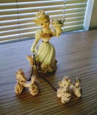 Vintage Lefton Porcelain Girl 692 With 2 Poodles With Spaghetti Details