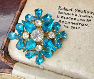 Vintage Art Deco Aqua Clear Sparkling Crystal Diamond Shape Brooch Jewellery