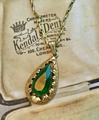 Vintage Art Deco Emerald Green Glass Gold Teardrop Pendant And Chain Jewellery