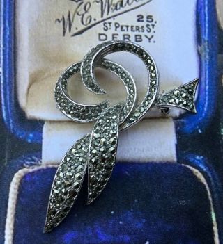 Vintage Costume Jewellery 1950’s Brooch Stylish Silver Marcasite Stone Swirl