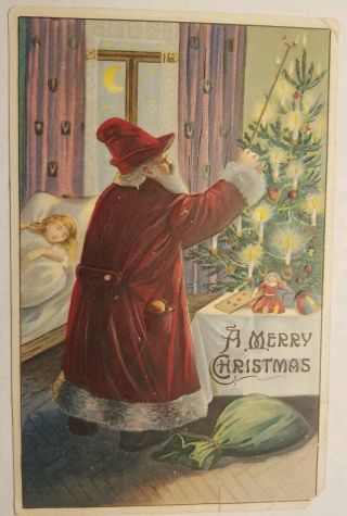 Vintage 1908 Postcard Santa Red Robe Lighting Christmas Tree