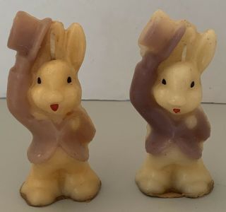 2 Vintage 1950 Gurley Novelty 3 1/2” Easter Bunny Wax Candle With Top Hat