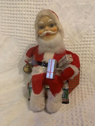 Vintage Mechanical Christmas Santa Claus Tin Litho Rooftop Chimney Bell Japan