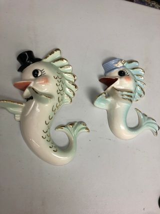 Vintage Ceramic Fish With Top Hat Wall Deco