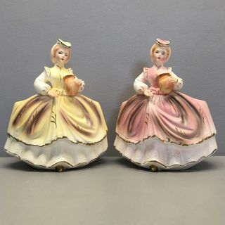 Lego Pair Vintage Porcelain Lady Figurine Vases Or Planters Pink Yellow 7296
