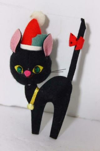 Vintage Black Kitty Cat Santa Hat Felt Christmas Ornament Japan1950 