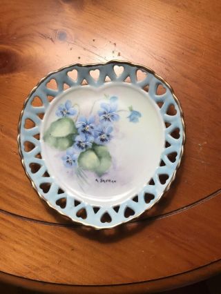 Blue And White Reticulated Vintage Plate With Hand Painted Violets,  Signed.