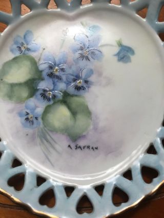 Blue And White Reticulated Vintage Plate With Hand Painted Violets,  signed. 2