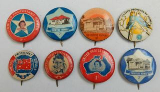 8 Vintage Tin Back Badges.  
