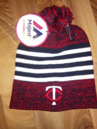 Minnesota Twins Majestic Knit Hat Winter Unworn Blue Red Beanie Pom Stocking Cap