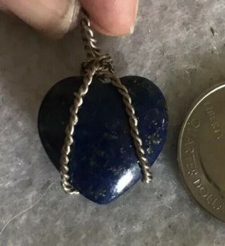 Vintage Blue Lapis Lazuli Heart Pendant Necklace 925 Sterling Silver Wire