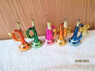 5 Vintage Rauch Colorful Glass Music Horns Christmas Ornaments Made In Mexico