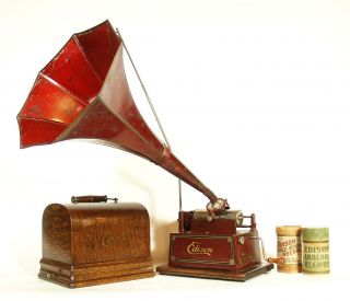 1910 Edison Red Gem W/original Horn 2 & 4 Minute Phonograph Plays Perfectly