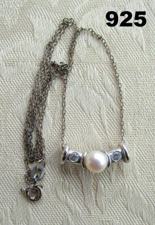 Estate Vintage 925 Sterling Silver Necklace W/ Pearl And Cubic Zirconias