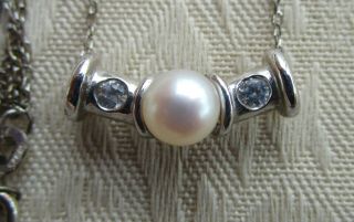 Estate Vintage 925 Sterling Silver Necklace w/ Pearl and Cubic Zirconias 2