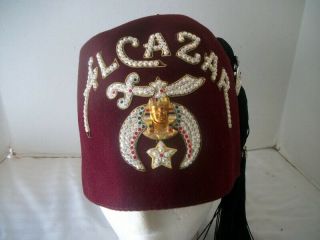 Vintage Jeweled Alcazar Masonic Shriner Fez With Tassel & Two Pins