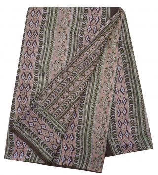 Vintage Indian Striped Printed Brown 100 Silk Saree Sari Craft Fabric 5yd