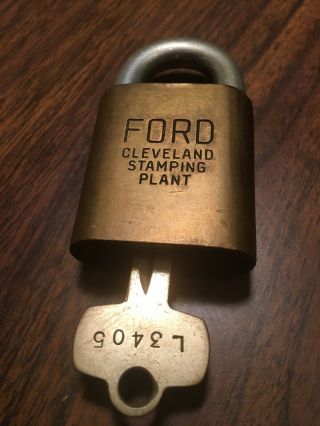 Vintage Ford Motor Co.  Brass Padlock W/key Marked “ford Cleveland Stamping Plant
