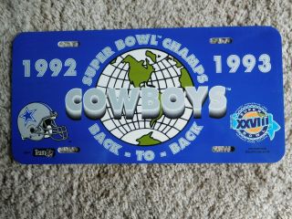 Dallas Cowboys Plastic License Plate/sign - Nfl Football - 1992 - 1993 Back - To - Back