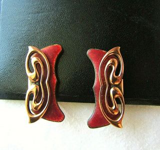 Vintage Renoir Signed Matisse Clip Earrings Retro Shining Copper Rich Red Enamel