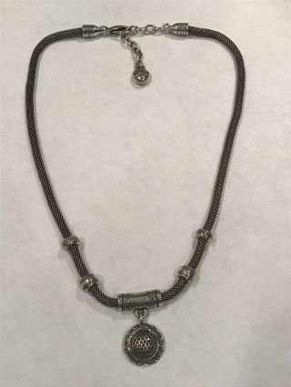 Brighton Vintage Silver Plated Mesh Necklace With Etched Fixed Pendant & Beads