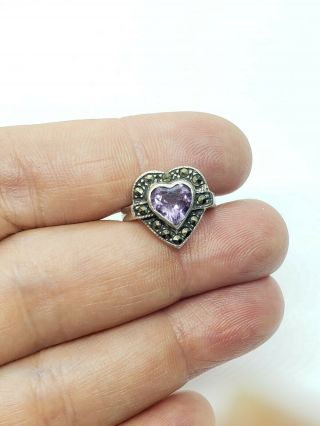 Vintage Sterling Silver Amethyst Marcasites Heart Ring Sz 4 (2.  8 G)