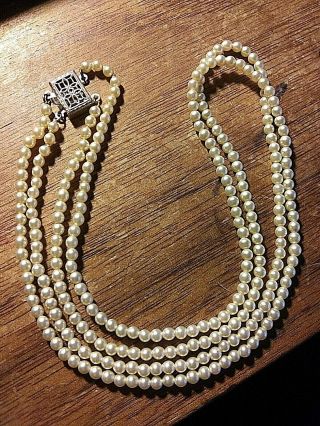 Vintage Double Strand Seed Pearl Choker Necklace With Ornate Sterling Clasp 14 "