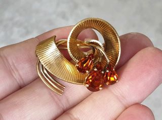 Vintage Signed " Sharmaine Paris " Jewellery Amber Crystal Rolled Gold Brooch Pin