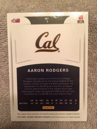 AARON RODGERS 2018 PANINI National Treasures 1/1 ONE OF ONE PACKERS Collegiate 2
