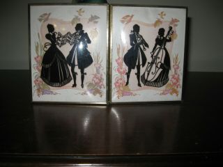 Pair Vintage Reverse Painted Silhouette Pictures Man Woman Musical Bubble Glass